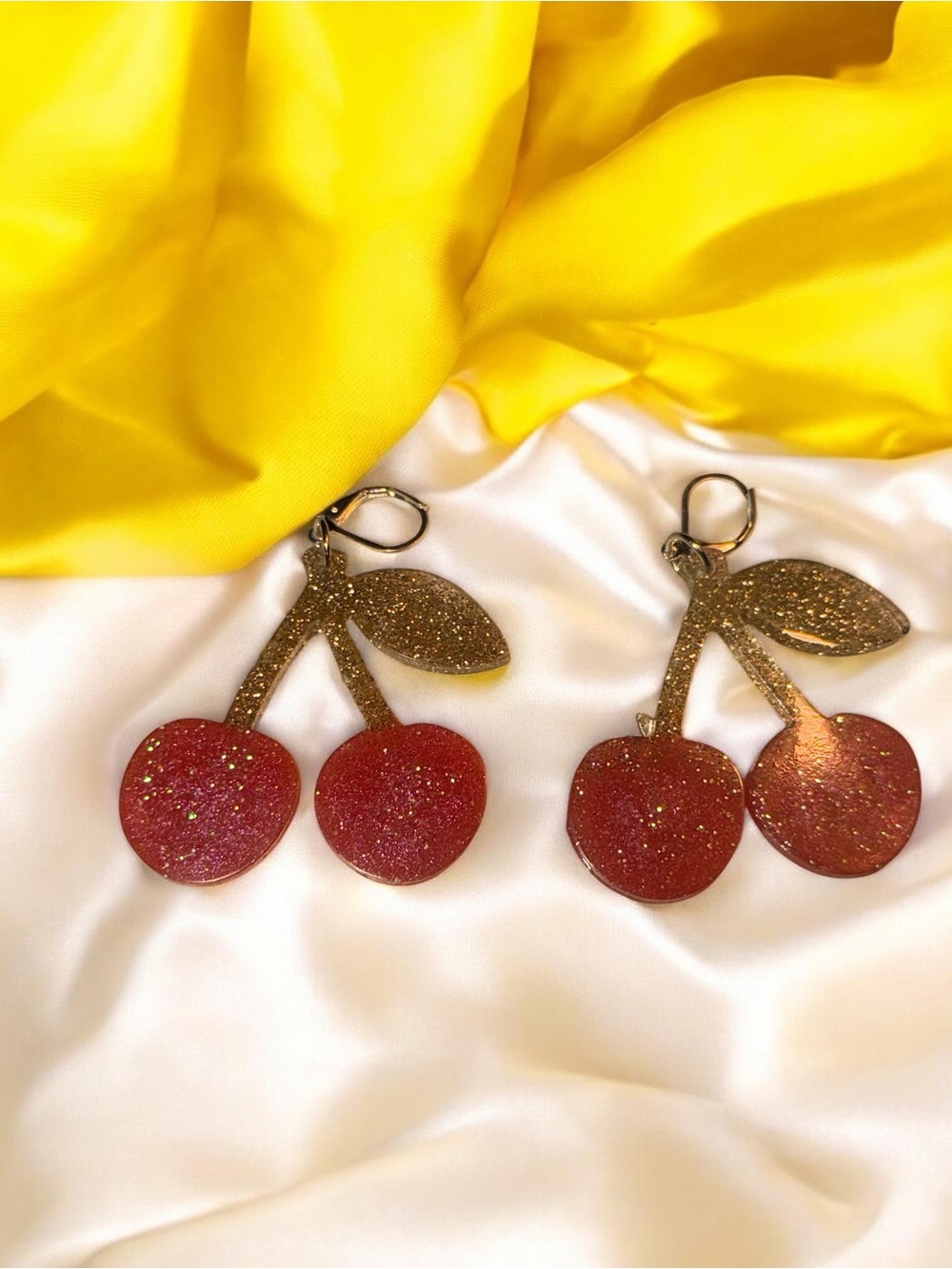 Handmade Red & Gold Glitter Cherry Resin Statement Earrings - Picture 1 of 5